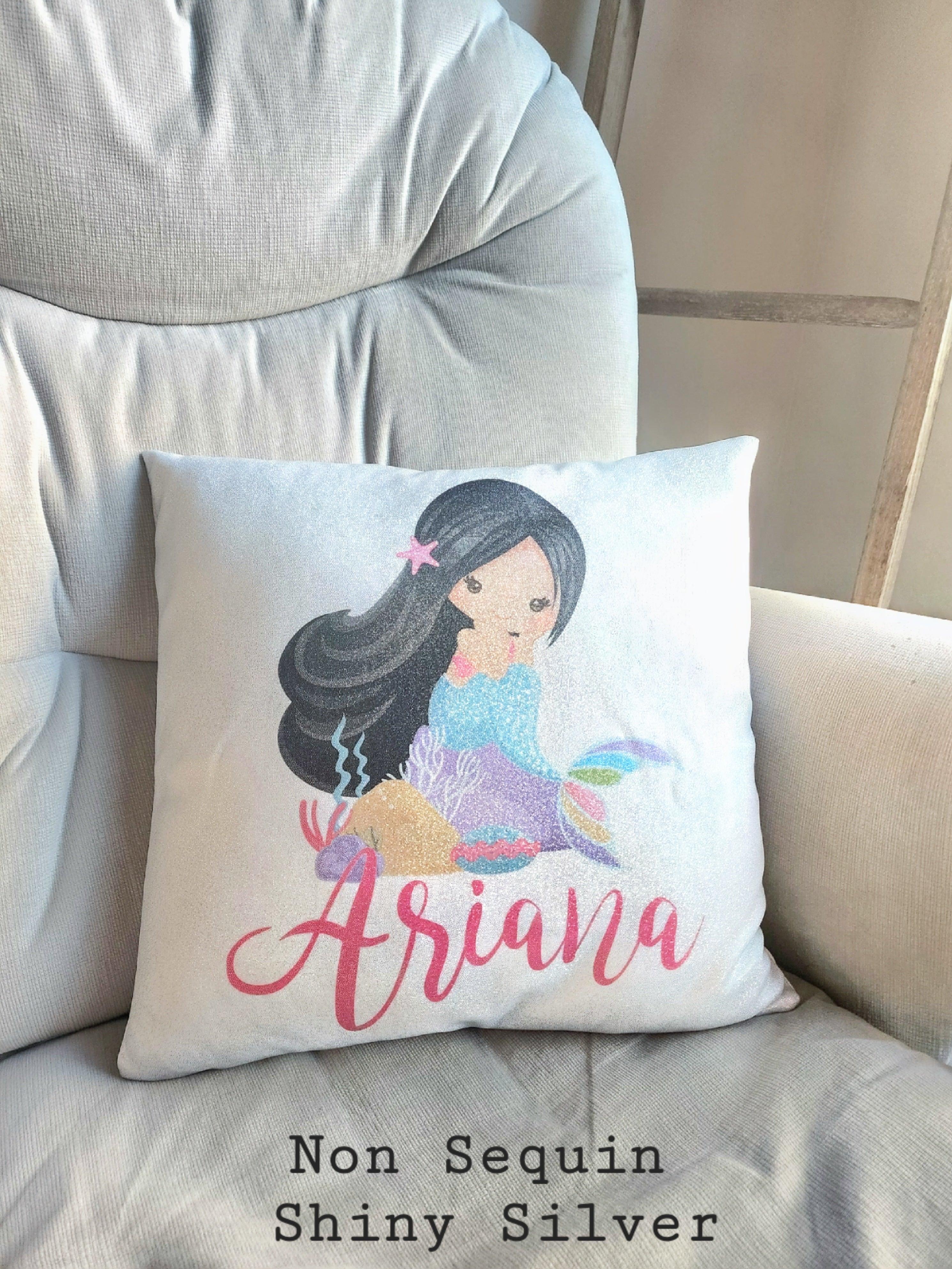 This personalized decorative Mermaid Sequin pillow makes a great gift for any birthday girl who loves mermaids. This pillow is perfect for the child's room, nursery or play room decoration and for them to enjoy during  a movie or tv time. They are also great for when taking a nap on the couch, bed or car, etc. They make a great sleep over gift too. 