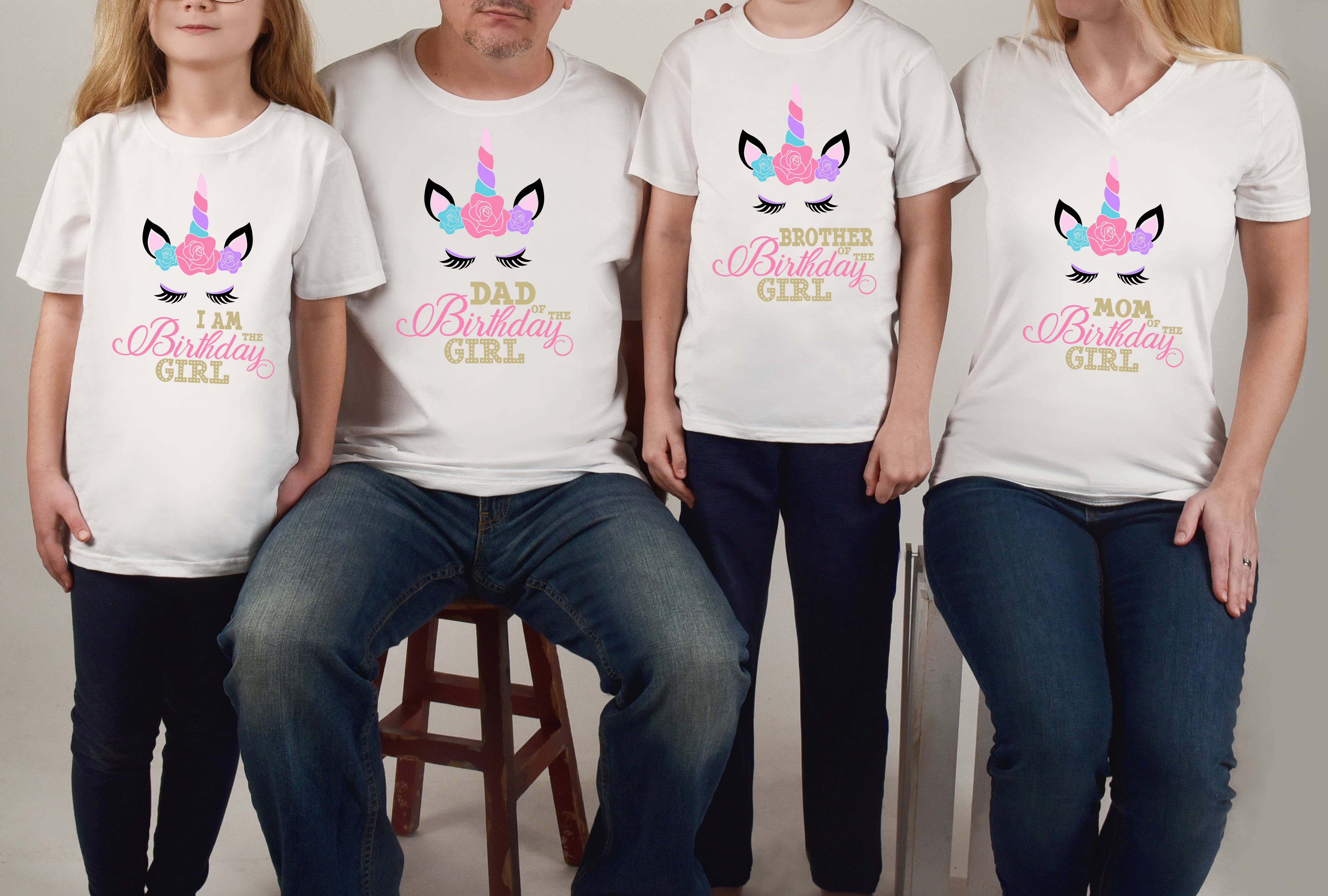 Custom Unicorn birthday shirts for the family. One shirt says I am the Birthday Girl, Dad of the Birthday Girl, Brother of the Birthday Girl, Mom of the Birthday girl