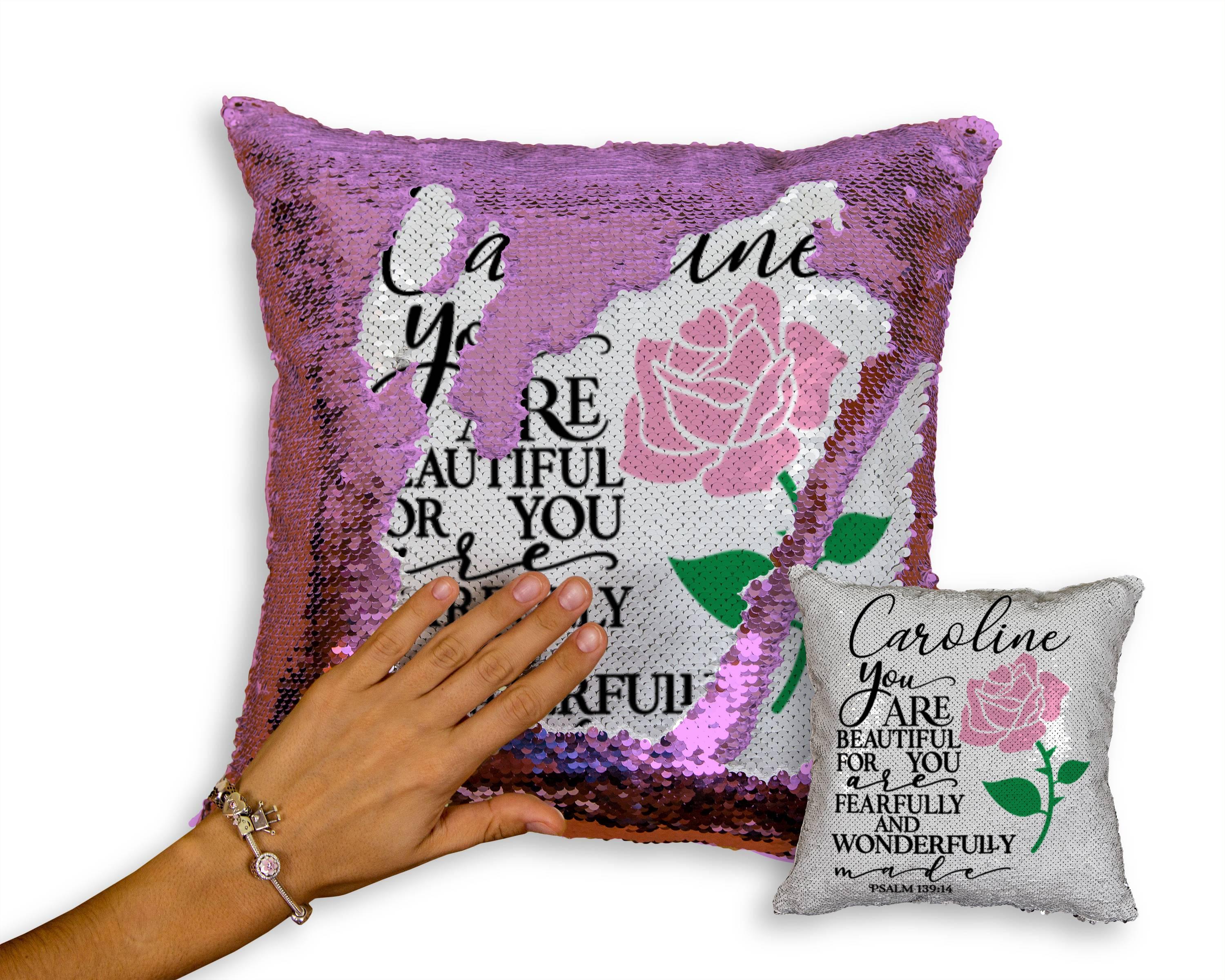 Sequin pillow Psalms 139:14 gift for teen or women