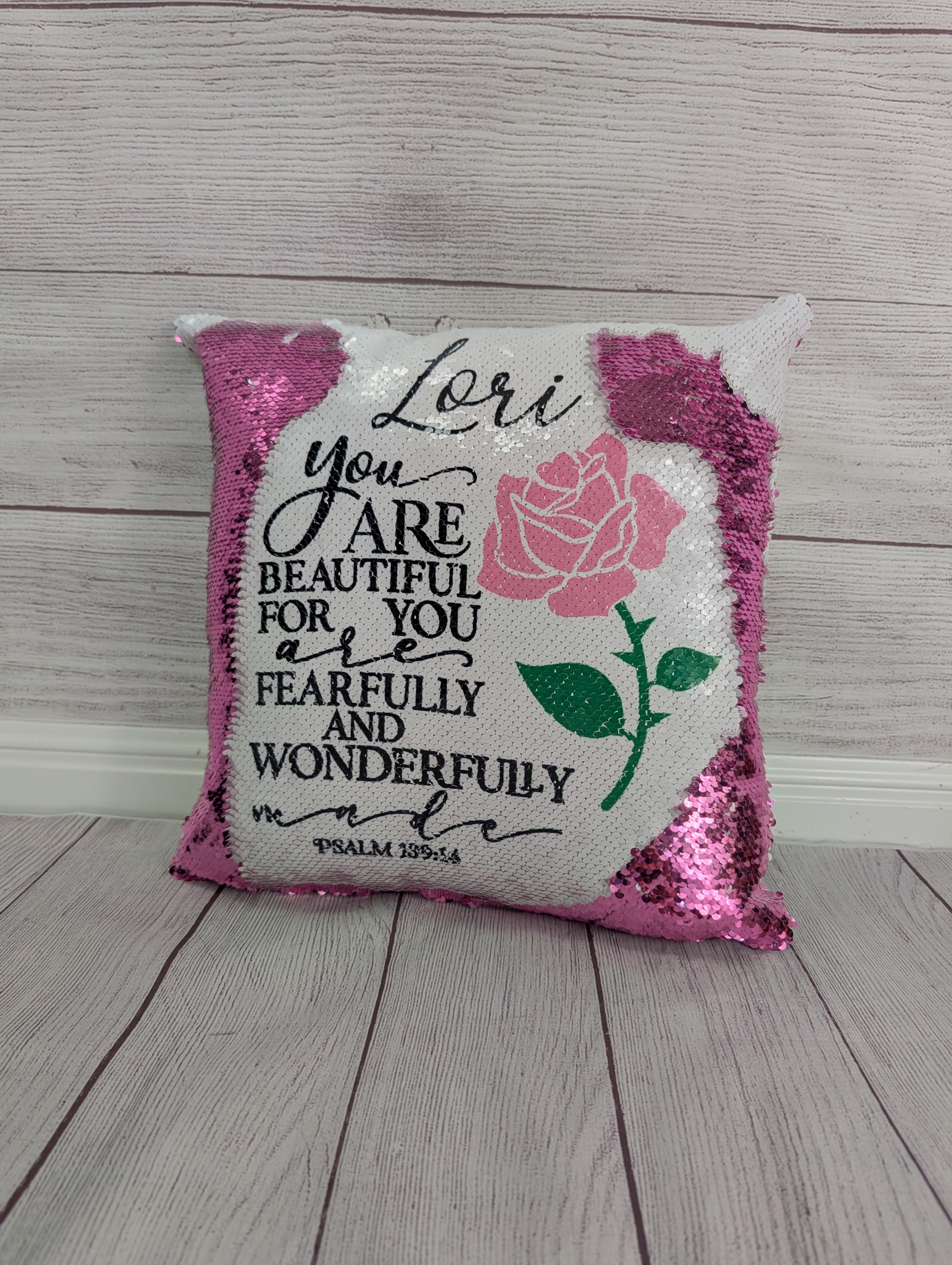 You Are Wonderfully Made Sequin Pillow – Personalized Christian Gift, Psalms 139:14 Scripture Cushion, Inspirational Room Décor