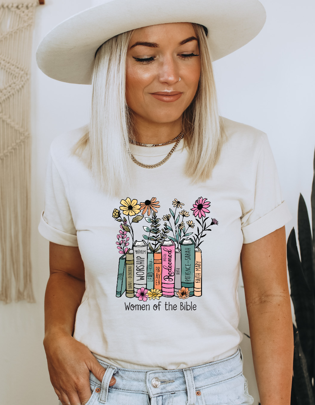 Women of the bible image with flowers on a white shirt - Rejoice In Creation LLC