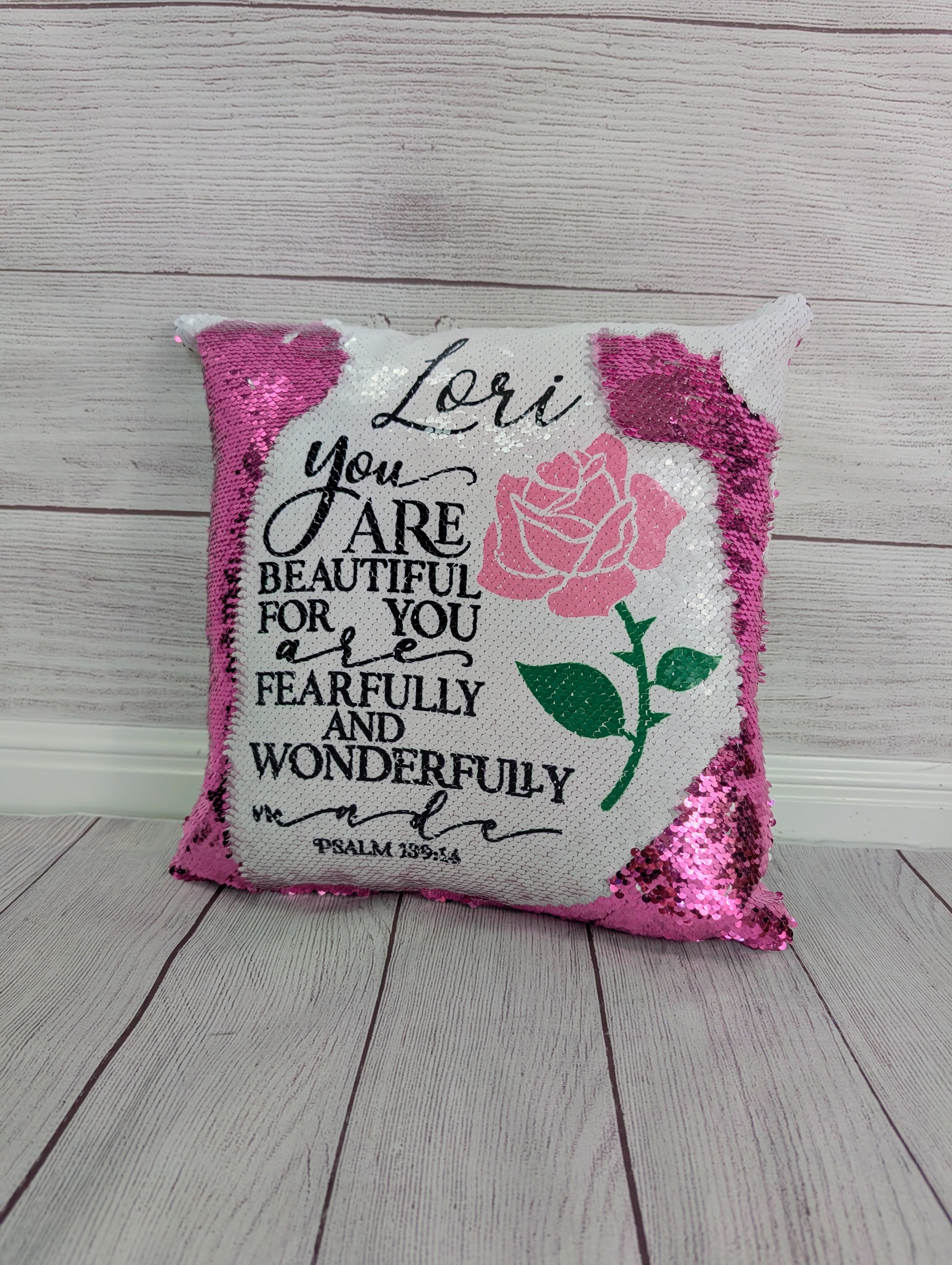You Are Wonderfully Made Sequin Pillow – Personalized Christian Gift, Psalms 139:14 Scripture Cushion, Inspirational Room Décor