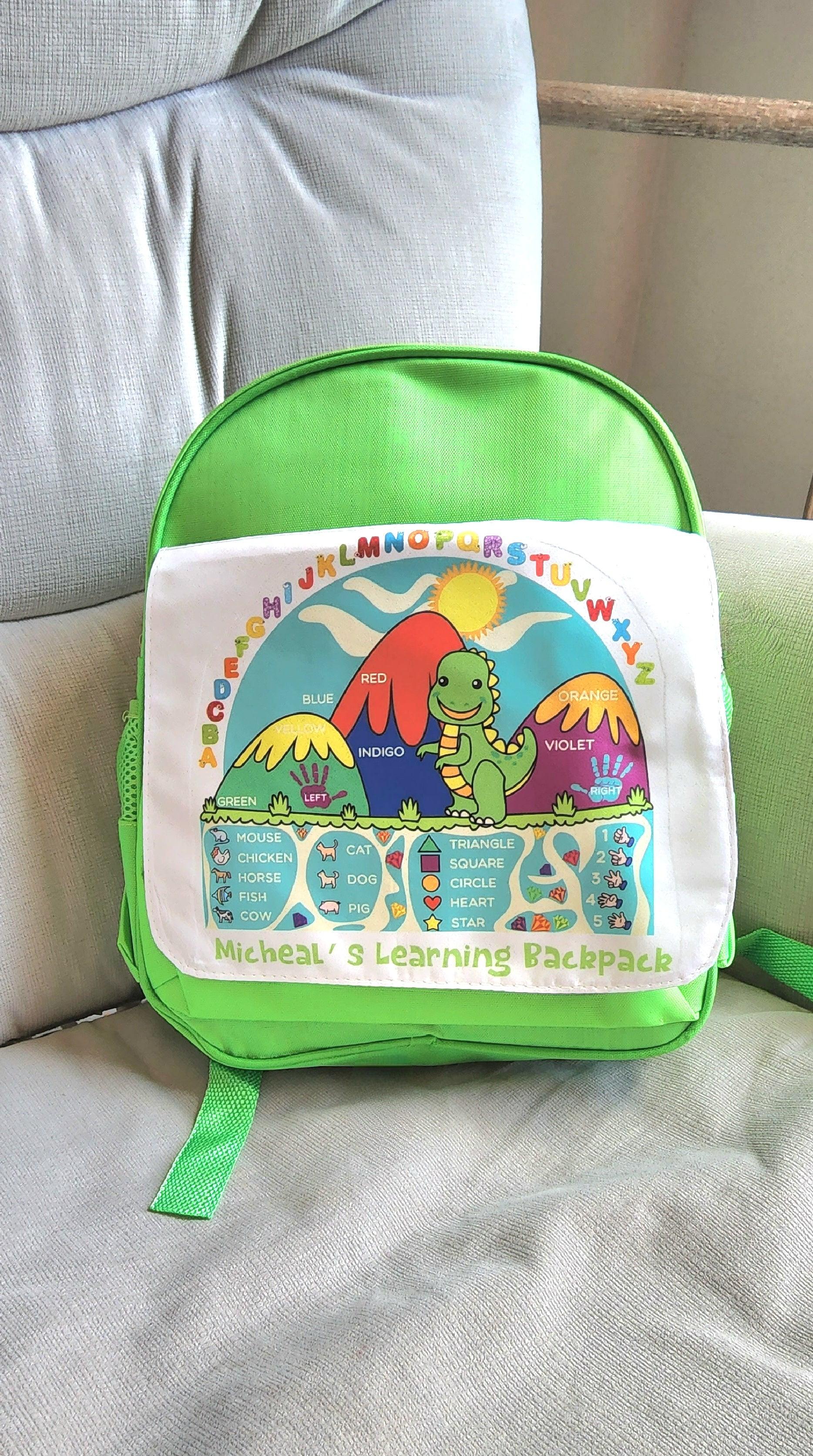 This personalized Dinosaur bag makes a great gift for any boy who loves dinosaurs. It can be used for the baby, toddler or child's everyday needs to include hold bottles, diapers, wipes, small toys, small tablet, journal, library books etc. It is also useful to hold extra pair of clothes, water bottle and snacks for tumbling/gymnastics practice.