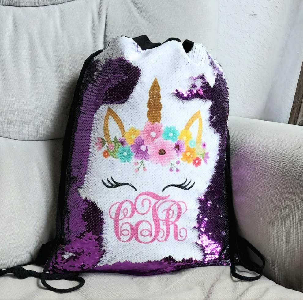 Personalized unicorn drawstring store sequin backpack