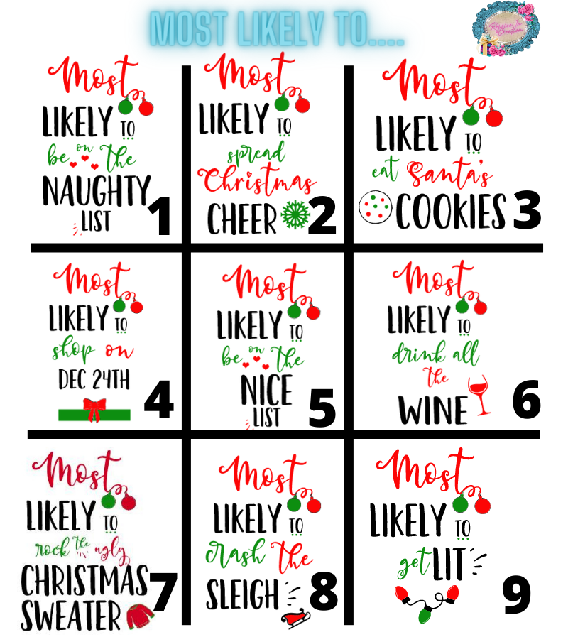 This photo shows 8 images with different sayings that  Say &quot;Most Likely to&quot; in 9 different ways to include, likely to drink all the wine, likely to be on the nice list, likely to eat Santa's cookies and more.